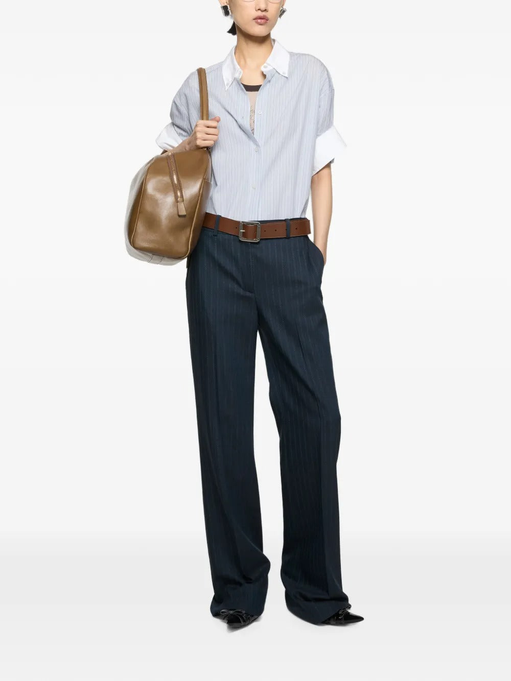 cmicia pinstripe button-up donna bianca e blu 