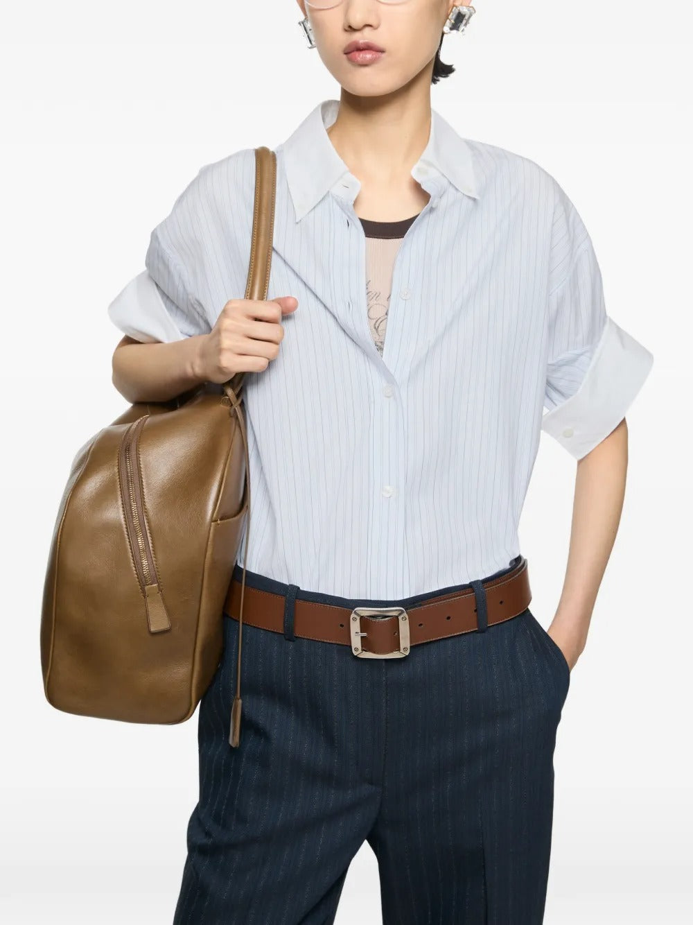 cmicia pinstripe button-up donna bianca e blu 