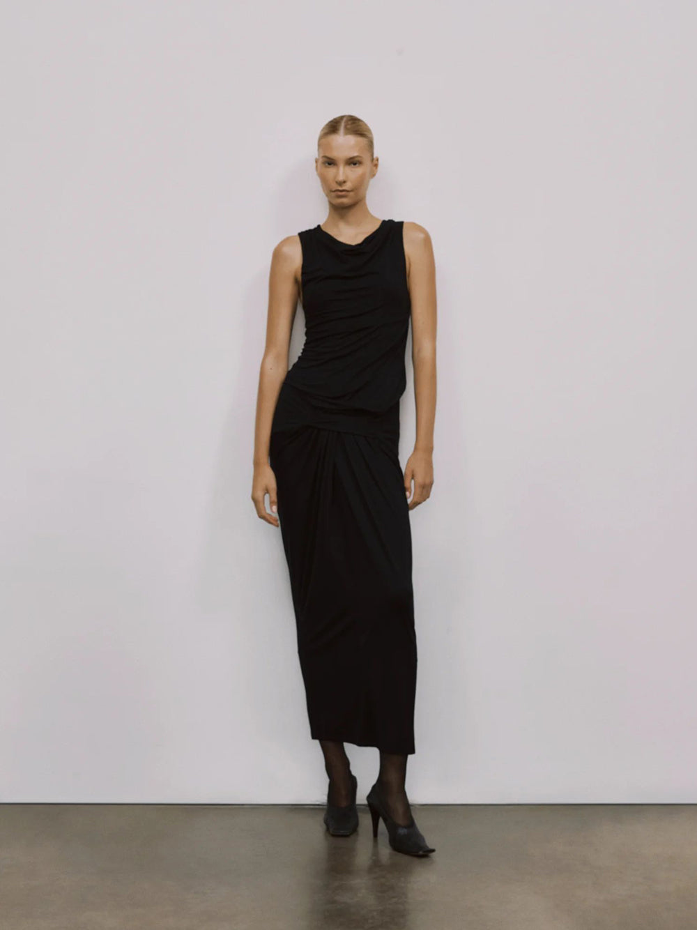 abito lungo drape donna nero 