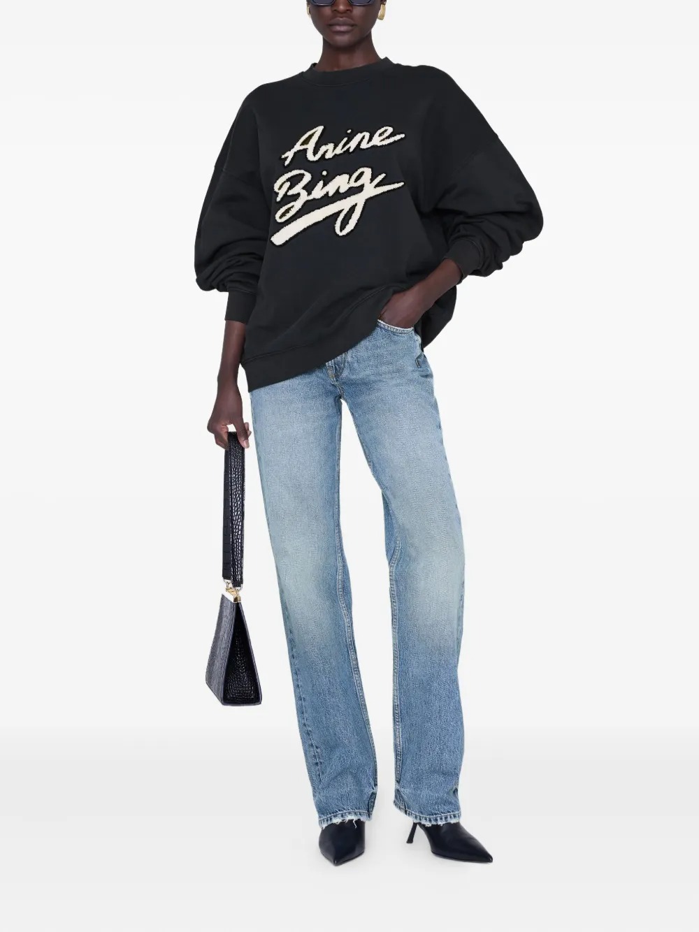 Anine Bing Miles Sweatshirt Chenille Signature Woman Black In Black