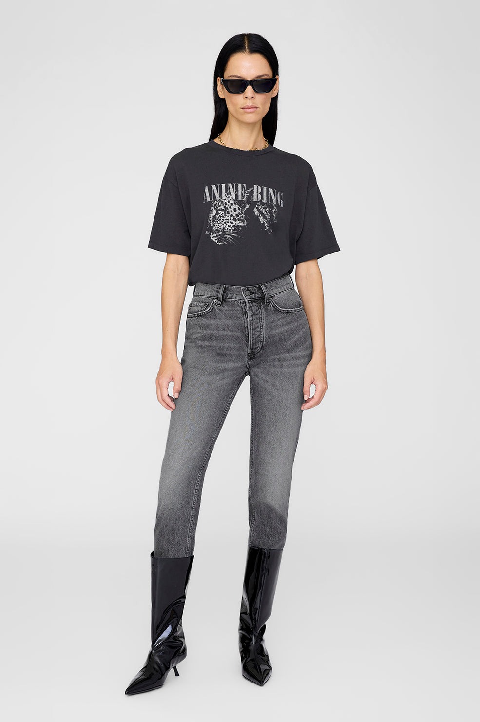 Anine Bing Washed Black T-shirt With Leopard Print In Black
