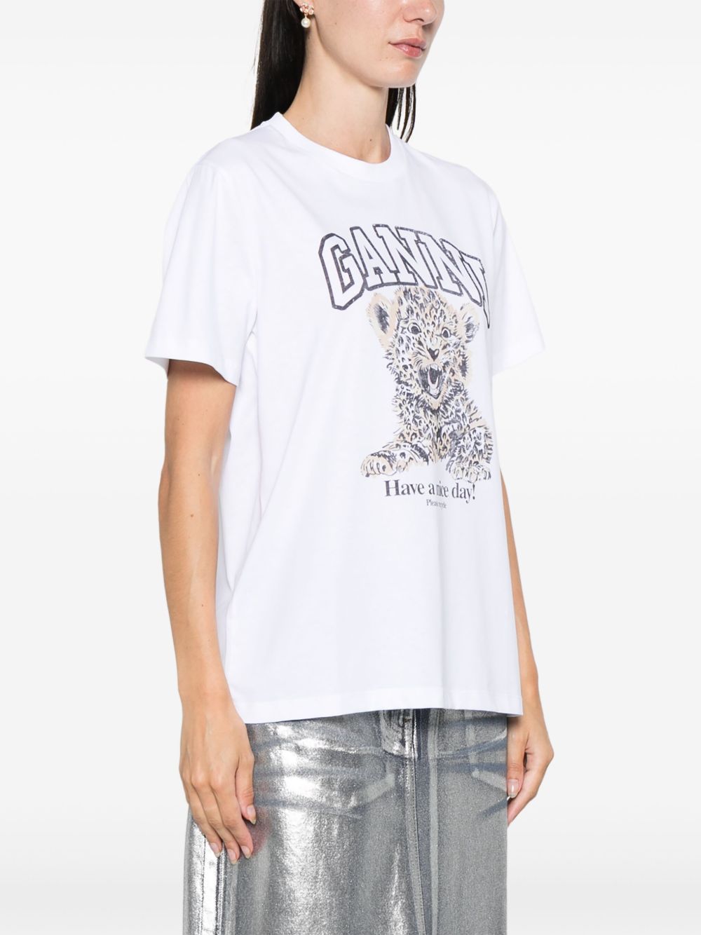 GANNI Tシャツ Tiger ホワイト Ganni X Revolve Basic Jersey Baby Tiger Relaxed T- Shirt in