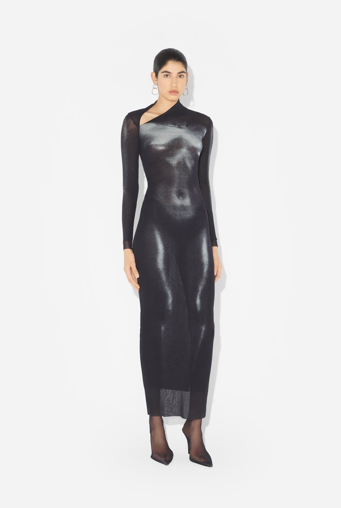Jean Paul Gaultier Asymetric Collar Long Dress Woman Black And Silver In Black