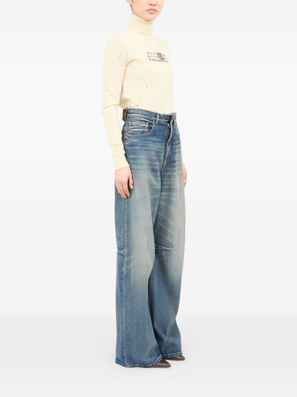 Mm6 Maison Margiela High-waisted Wide Leg Jeans With Frayed Waistband In Gold