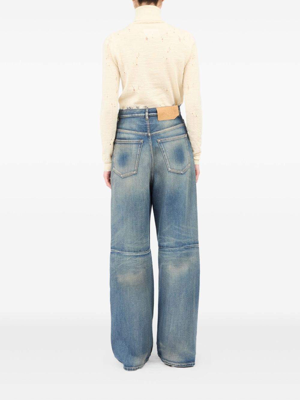 Mm6 Maison Margiela High-waisted Wide Leg Jeans With Frayed Waistband In Gold