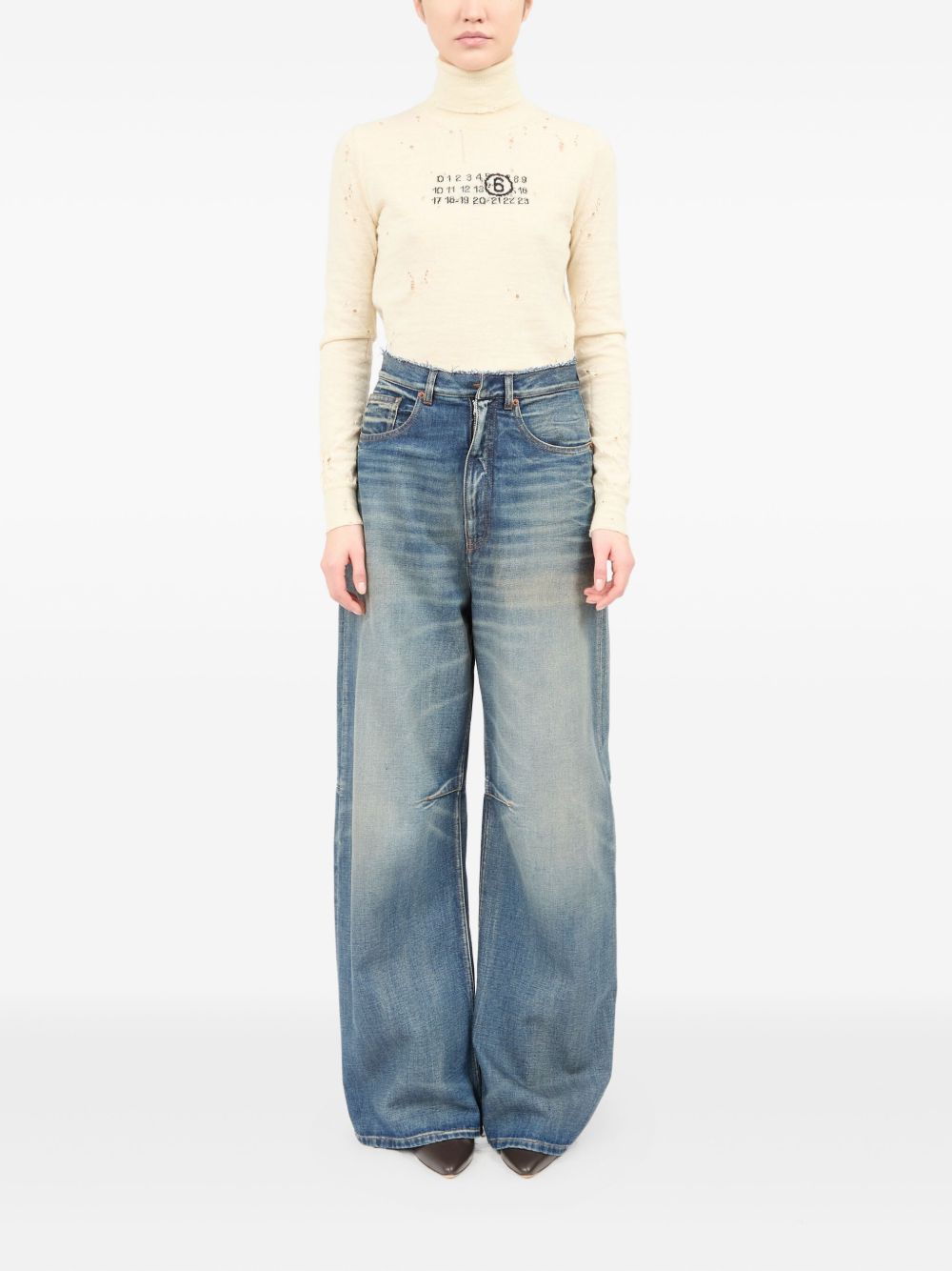 Mm6 Maison Margiela High-waisted Wide Leg Jeans With Frayed Waistband In Gold