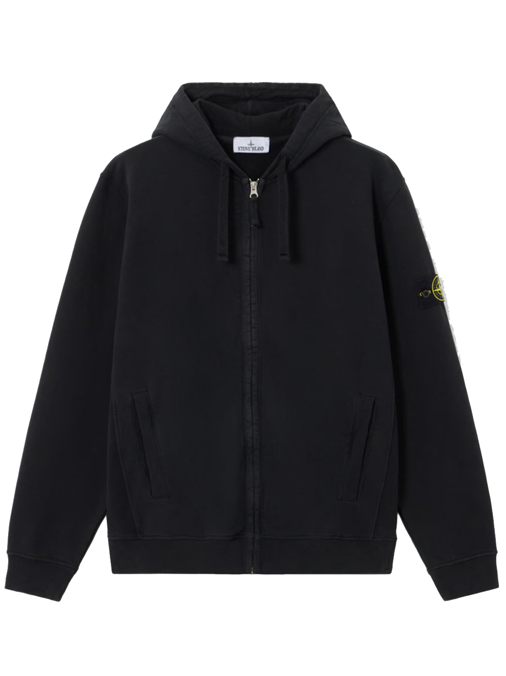 Stone Island Hooded Zip Cotton Fleece Sweatshirt In Black