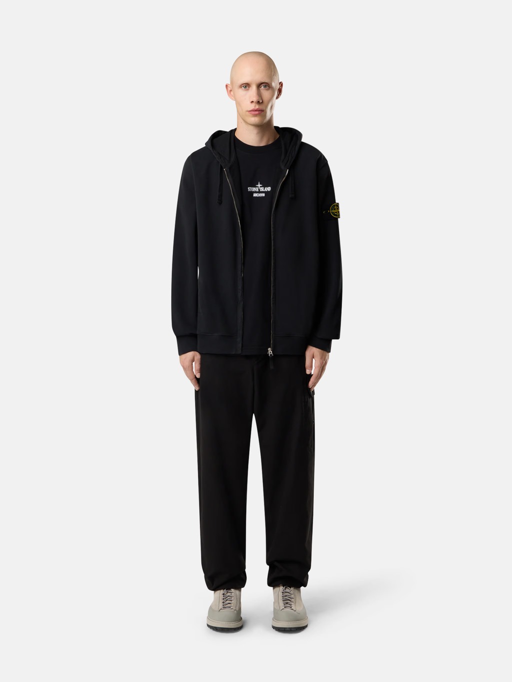 Stone Island Hooded Zip Cotton Fleece Sweatshirt In Black