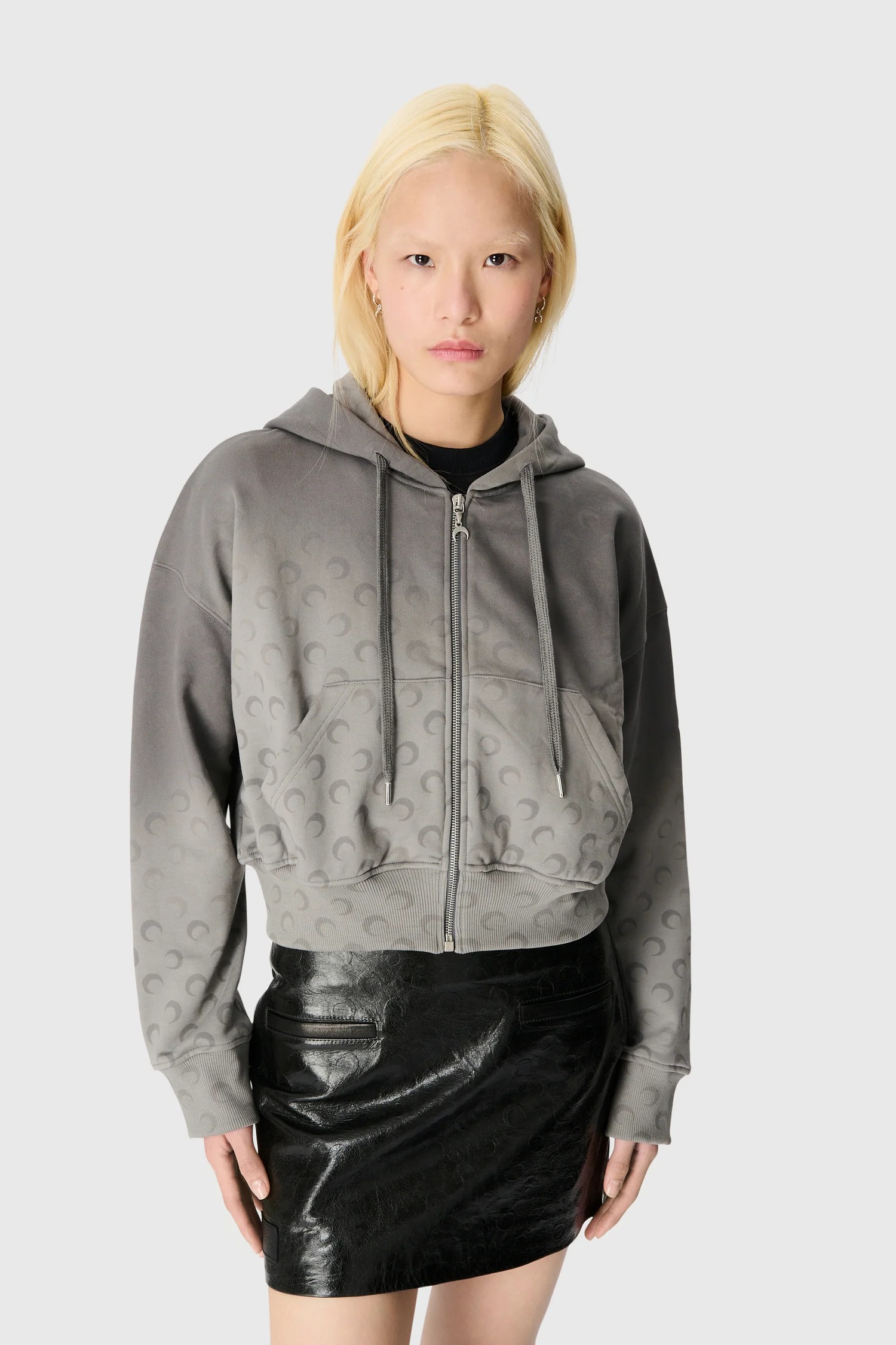 Marine Serre Moon Fleece Cropped Zipped Hoodie Woman Grey In Gray