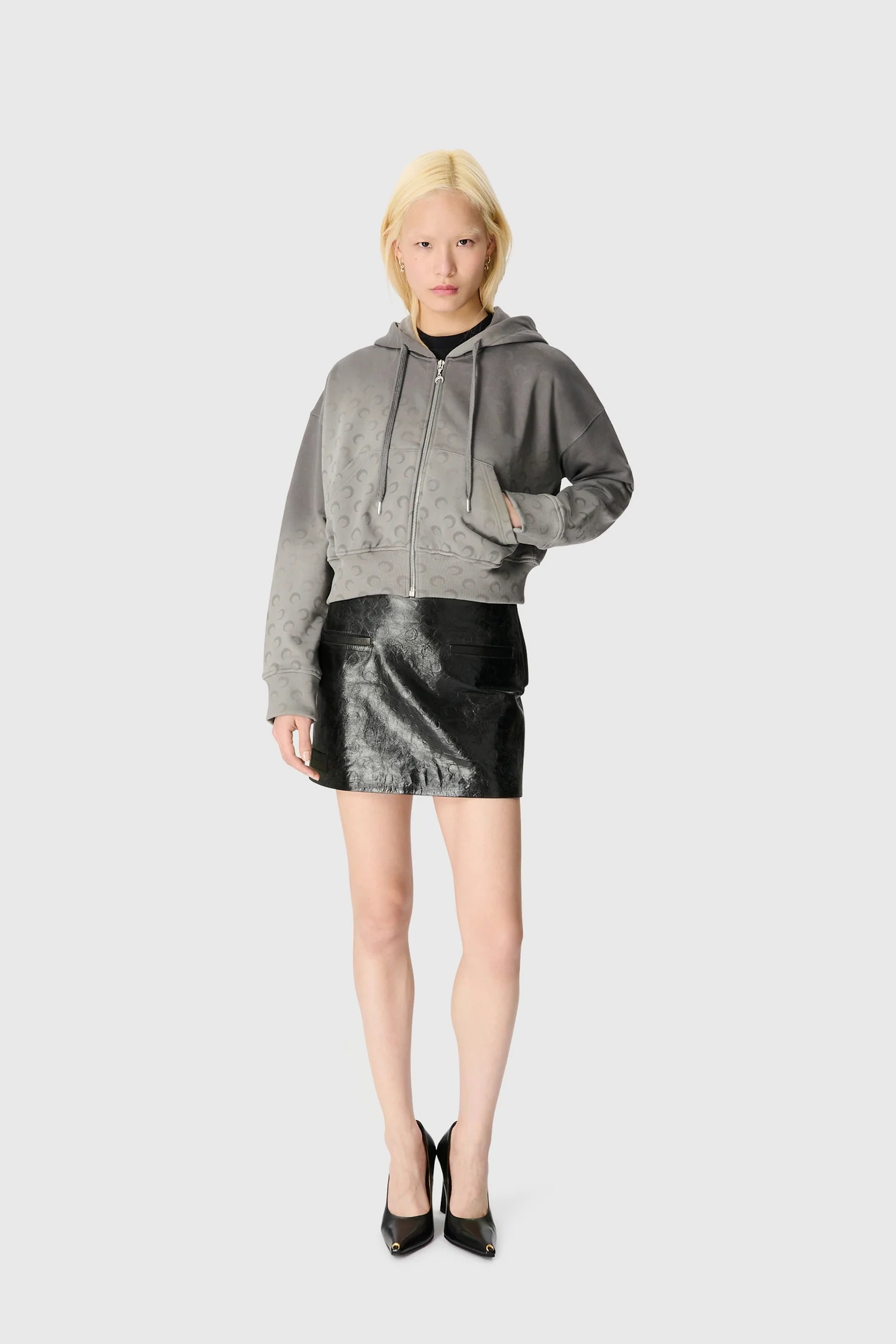 Marine Serre Moon Fleece Cropped Zipped Hoodie Woman Grey In Gray