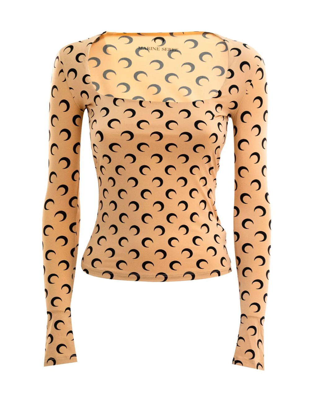 Marine Serre Moon Printed Jersey Ls Squareneck Top Woman Tan In Brown