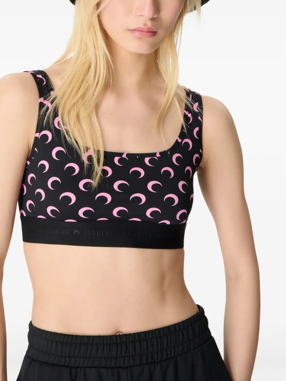 Marine Serre Moon Printed Jersey Sports Bra Woman Black And Pink In Pink