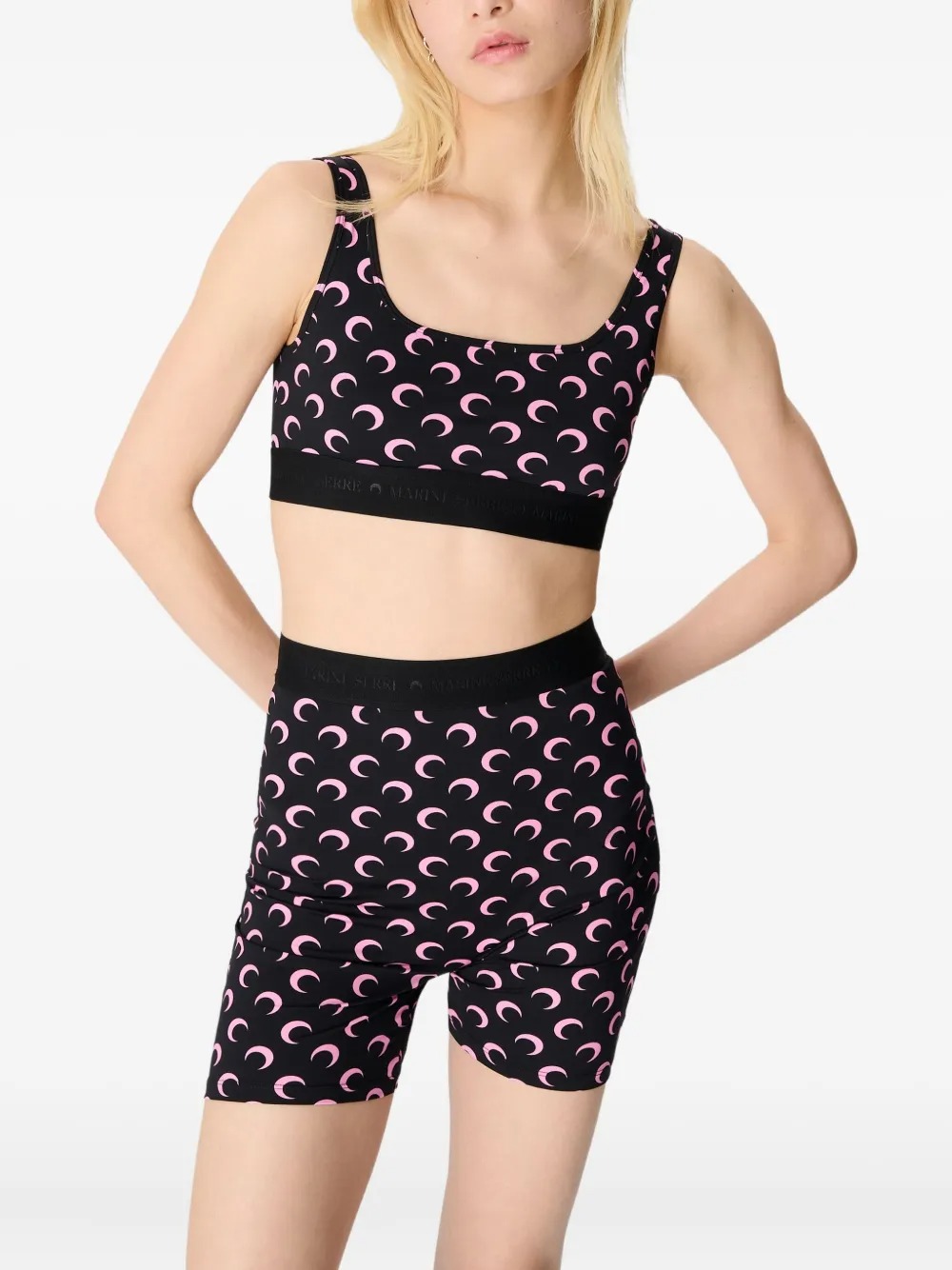 Marine Serre Moon Printed Jersey Sports Bra Woman Black And Pink In Pink