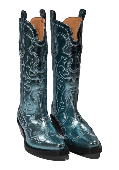 mid shaft embroidered western boots woman blu in polyester GANNI | S2645803